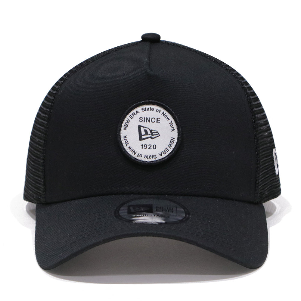 new era round patch black 9forty a frame trucker cap opposite
