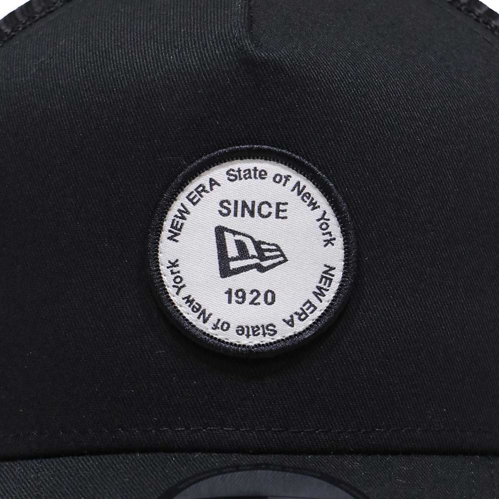 new era round patch black 9forty a frame trucker cap logo and print