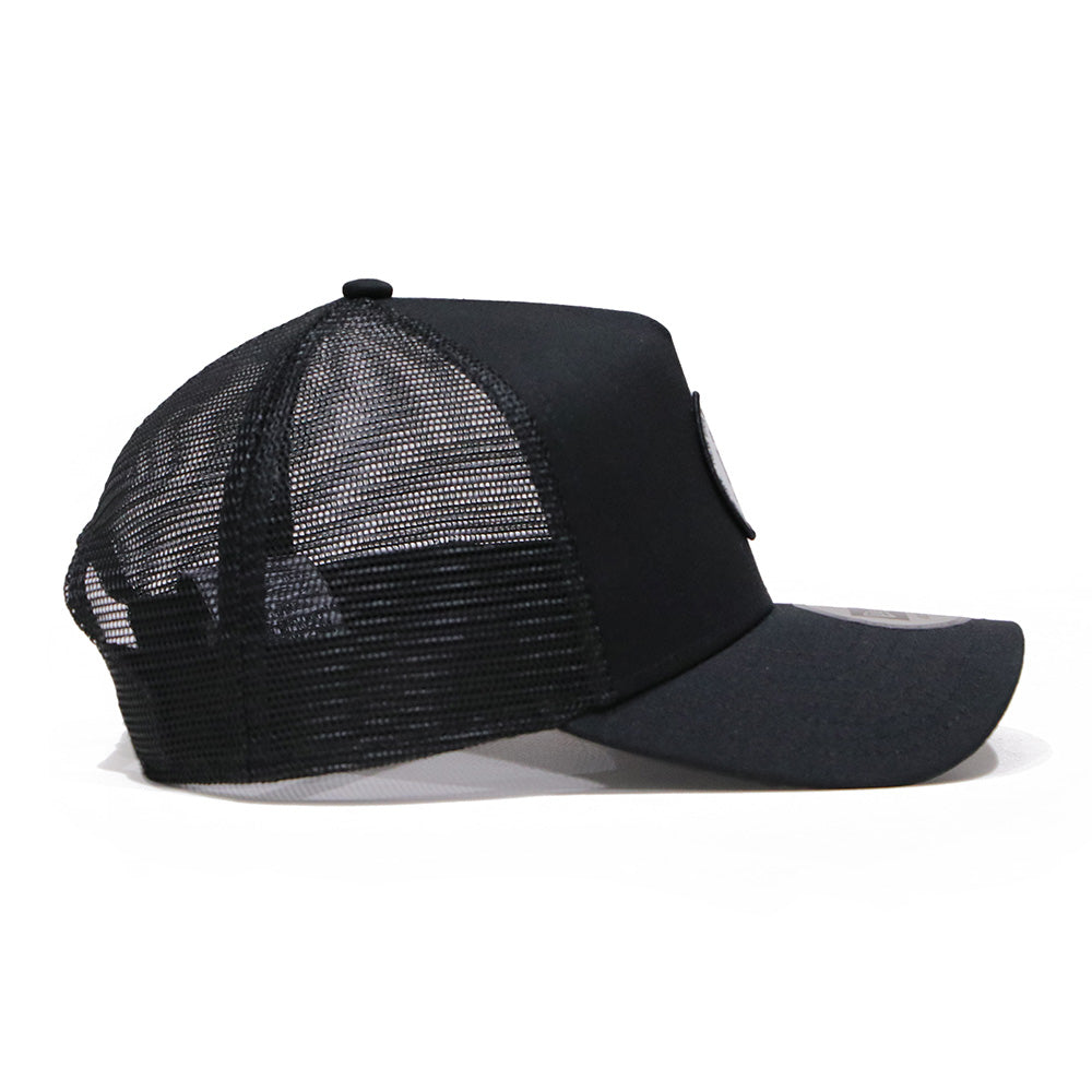 new era round patch black 9forty a frame trucker cap side