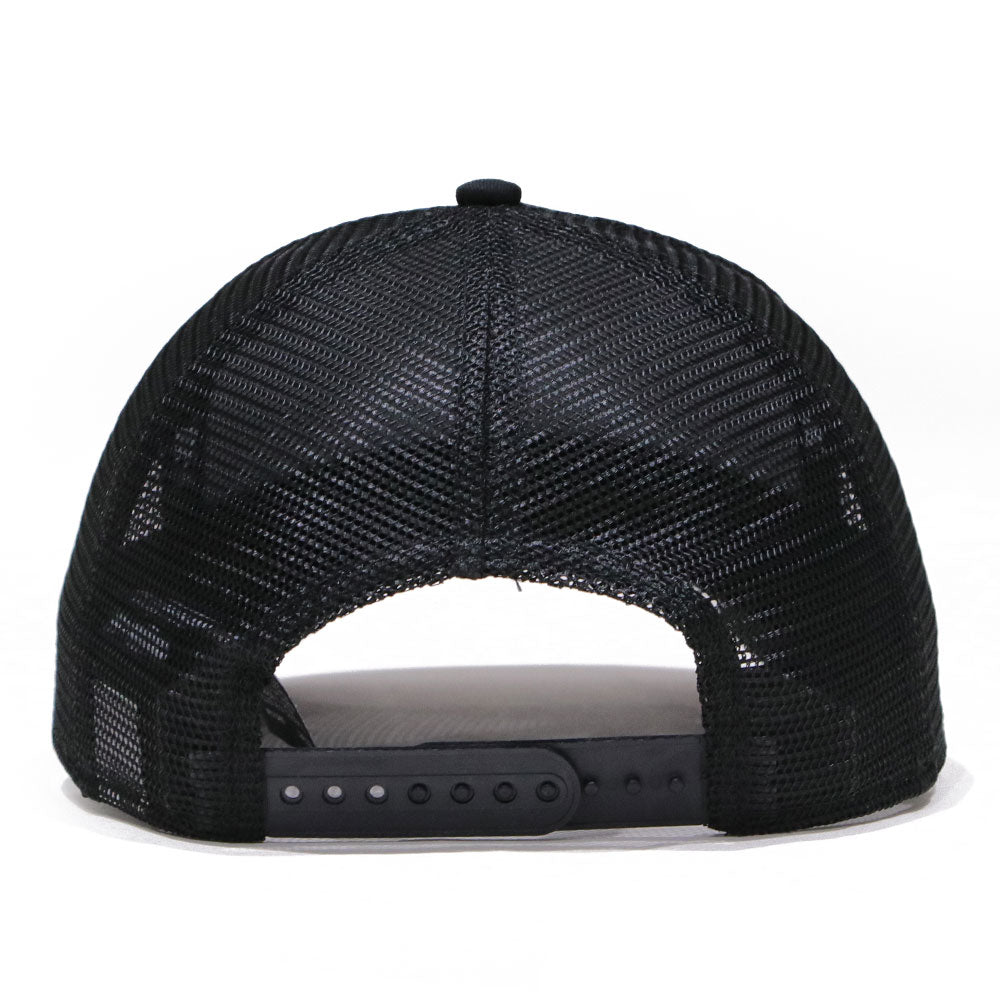 new era round patch black 9forty a frame trucker cap detail and color