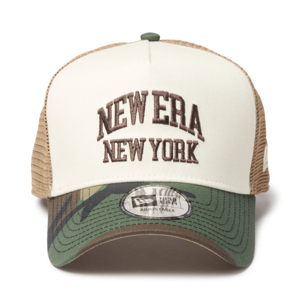 new era wordmark ne collog cream brown 9forty a frame trucker cap opposite