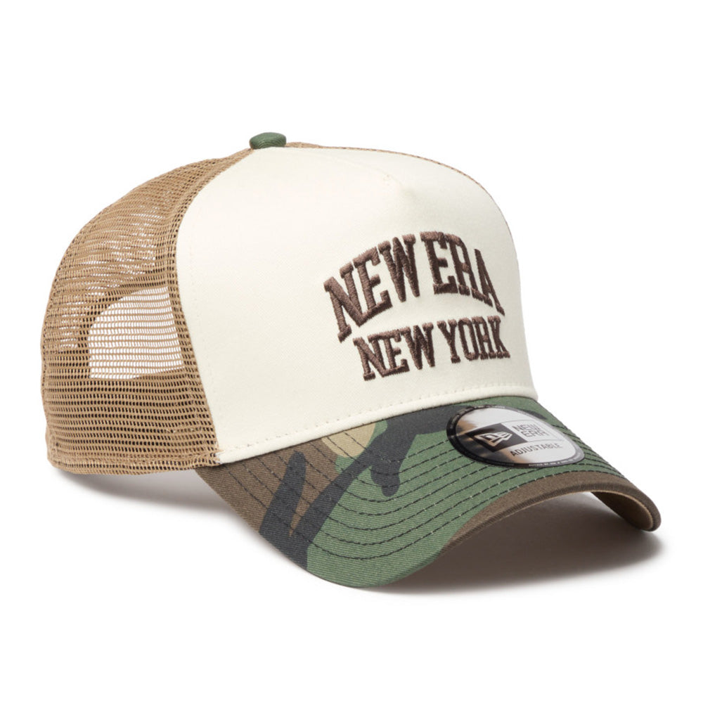new era wordmark ne collog cream brown 9forty a frame trucker cap logo and print
