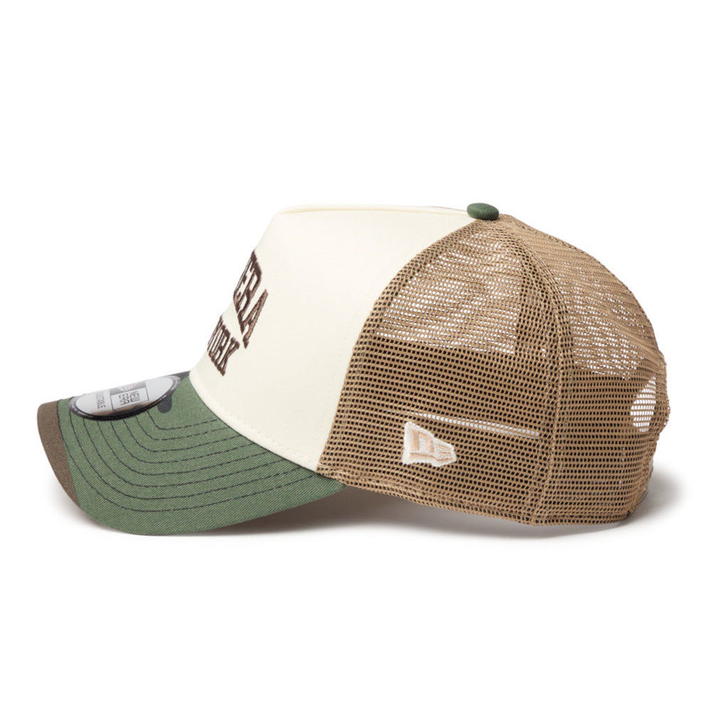 new era wordmark ne collog cream brown 9forty a frame trucker cap side