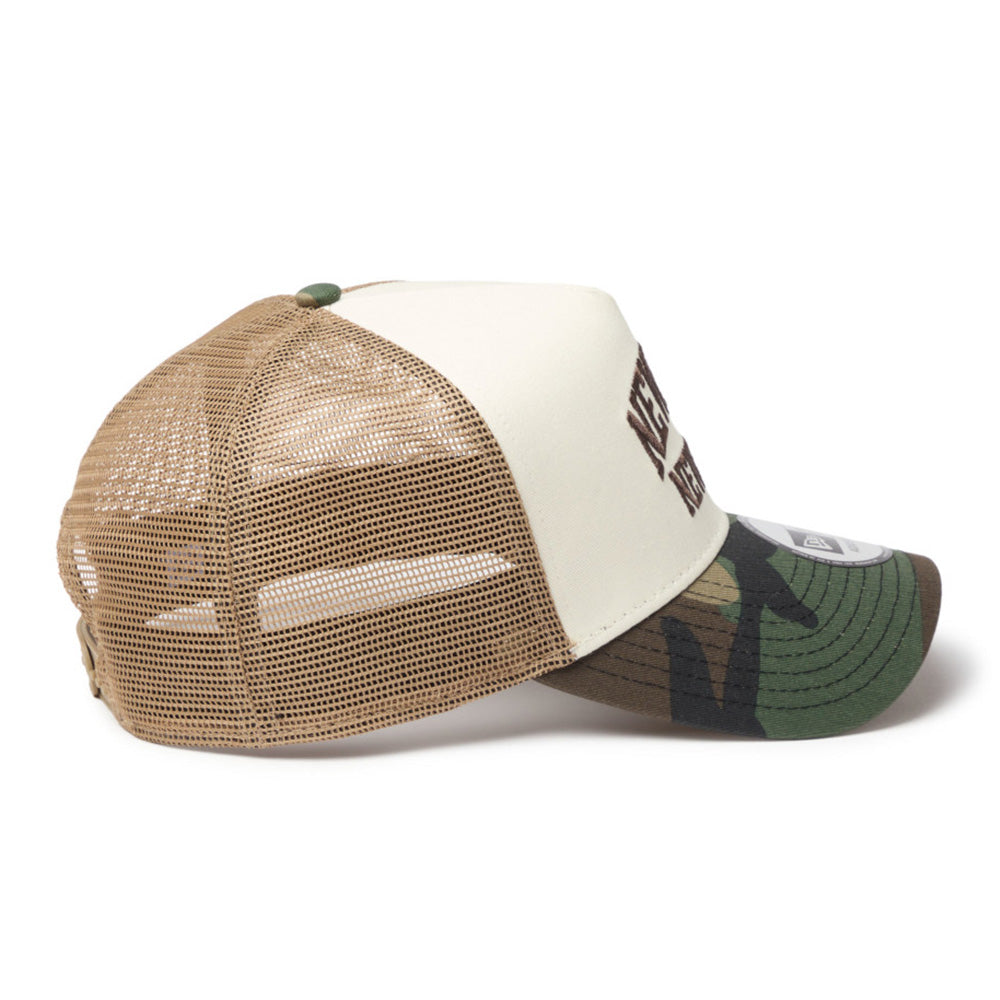 new era wordmark ne collog cream brown 9forty a frame trucker cap opposite side