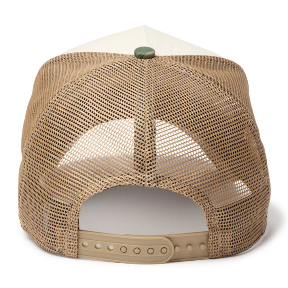 new era wordmark ne collog cream brown 9forty a frame trucker cap angle