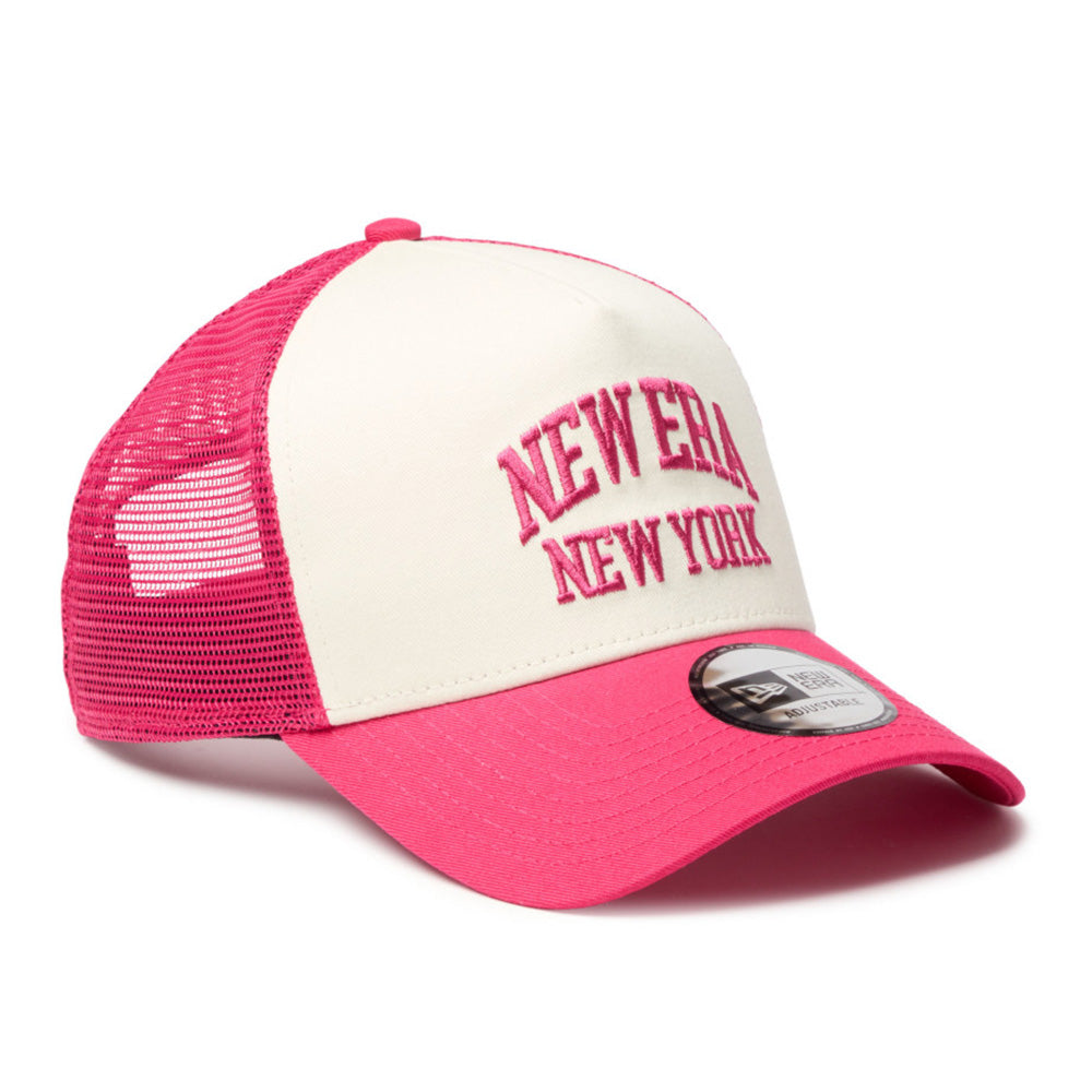 new era wordmark ne collog cream red 9forty a frame trucker cap logo and print