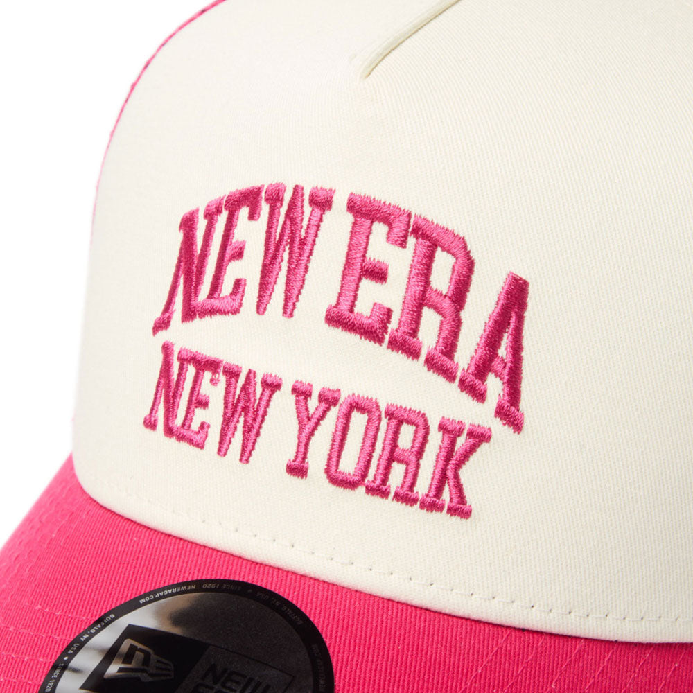 new era wordmark ne collog cream red 9forty a frame trucker cap with close-up view of 'New Era New York' embroidery
