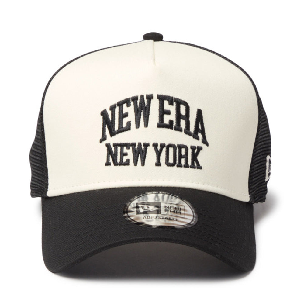 new era wordmark ne collog cream black 9forty a frame trucker cap opposite