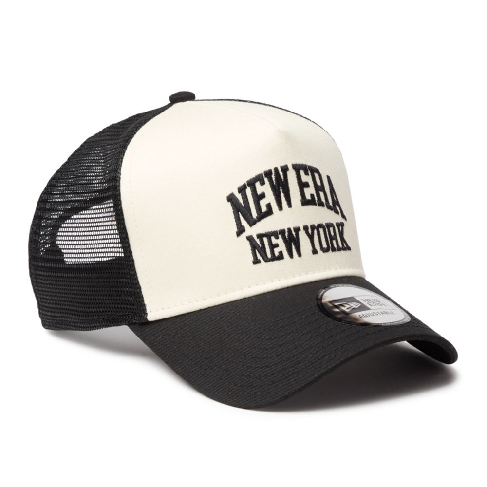 new era wordmark ne collog cream black 9forty a frame trucker cap logo and print