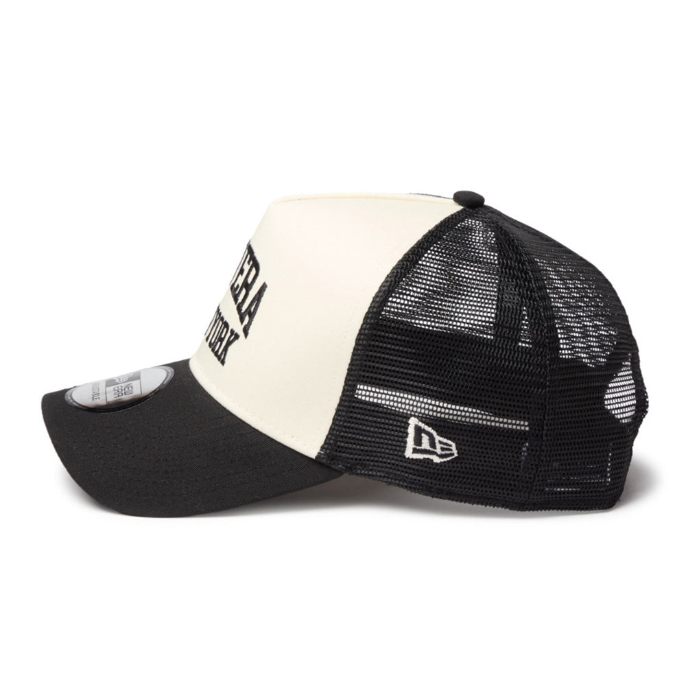 new era wordmark ne collog cream black 9forty a frame trucker cap side