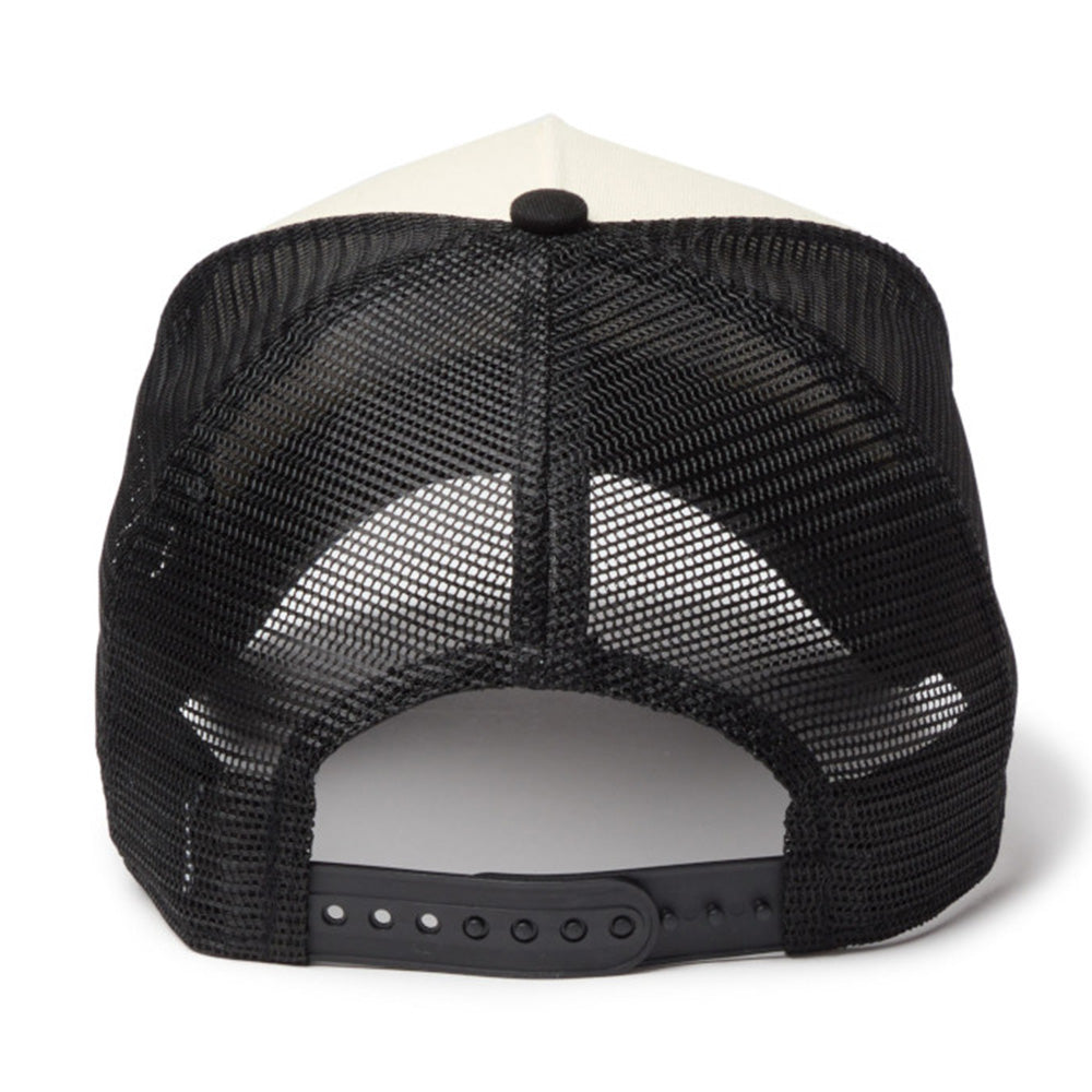new era wordmark ne collog cream black 9forty a frame trucker cap angle