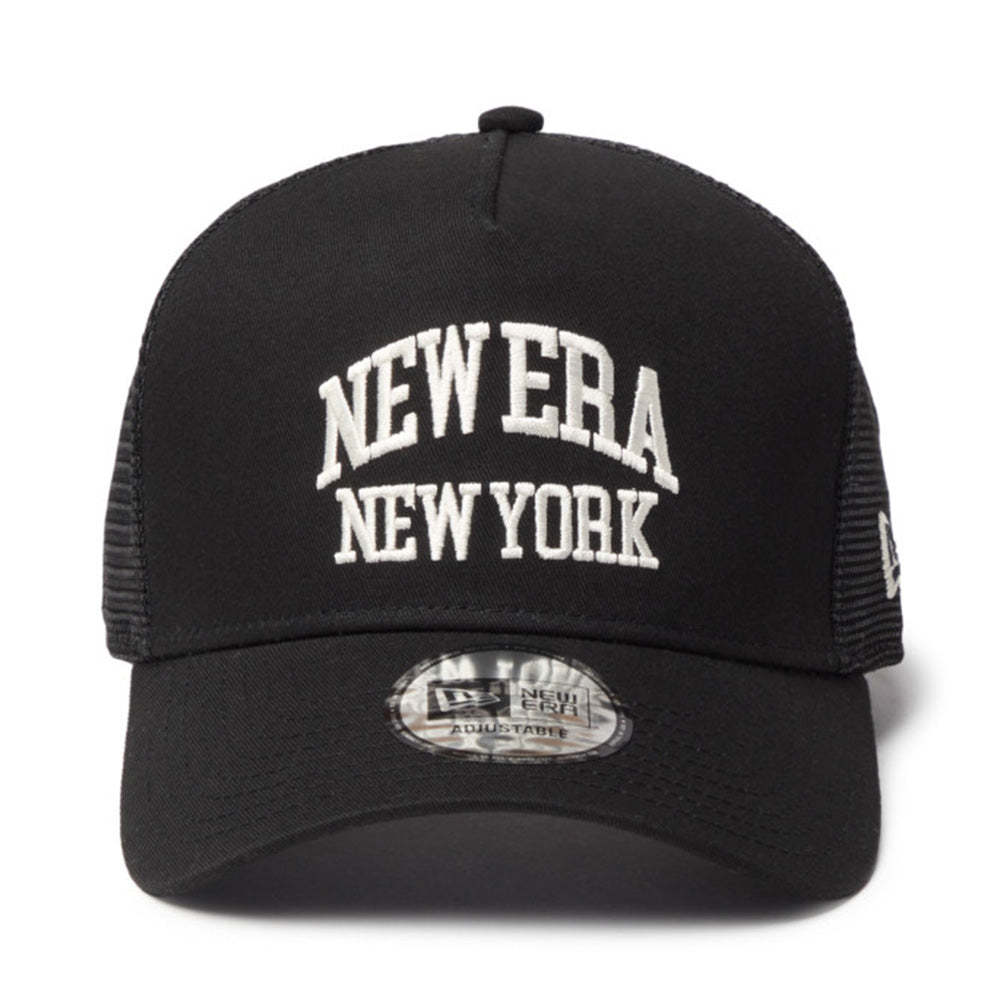 new era wordmark ne collog black 9forty a frame trucker cap opposite