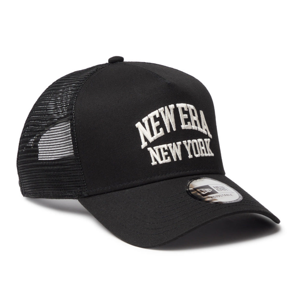 new era wordmark ne collog black 9forty a frame trucker cap logo and print