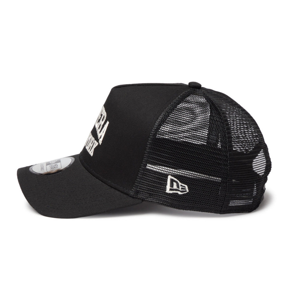 new era wordmark ne collog black 9forty a frame trucker cap side