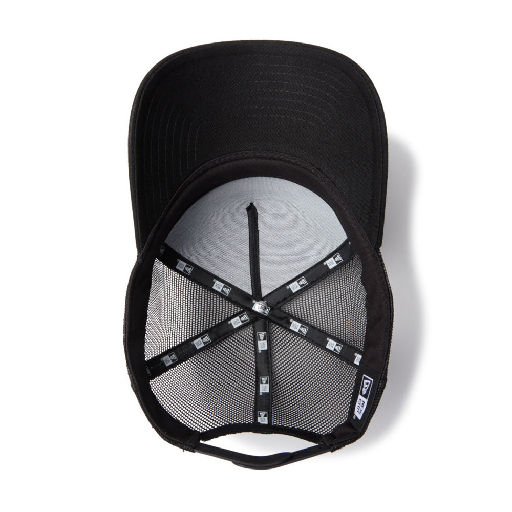 new era wordmark ne collog black 9forty a frame trucker cap detail and color