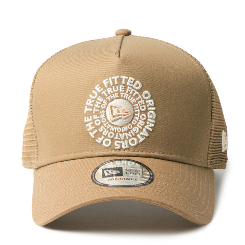 new era circle originators of the true fitted white khaki 9forty a frame trucker cap front view
