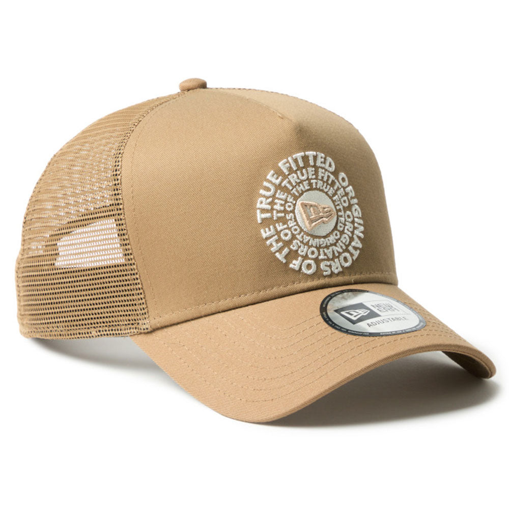 new era circle originators of the true fitted white khaki 9forty a frame trucker cap logo and print