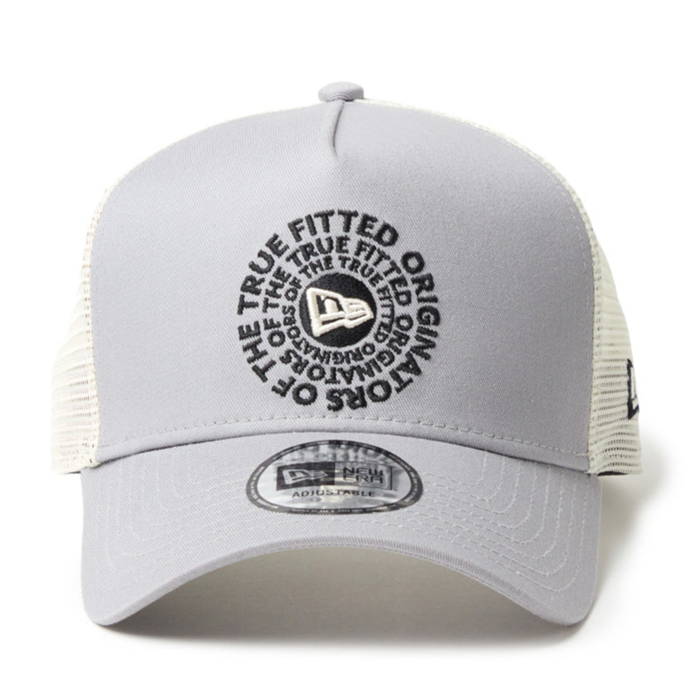 new era circle originators of the true fitted white gray 9forty a frame trucker cap logo and print