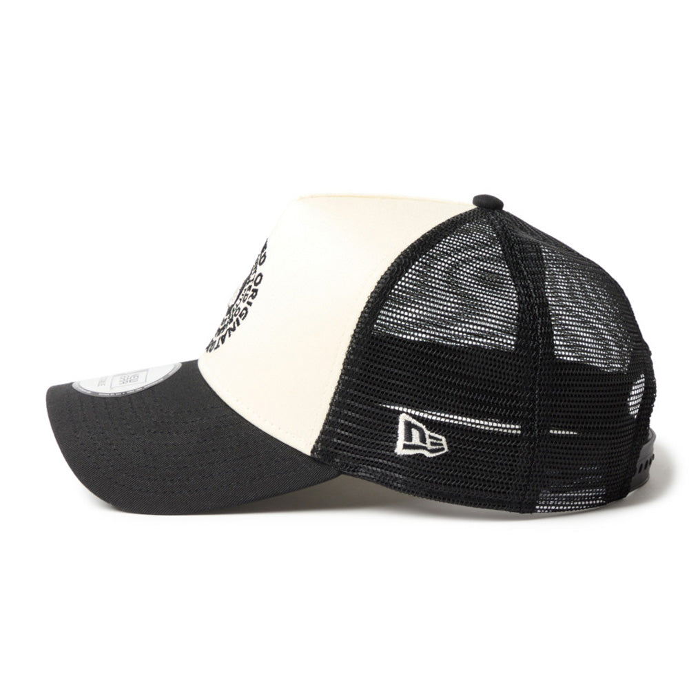 new era circle originators of the true fitted white black 9forty a frame trucker cap side view with mesh trucker