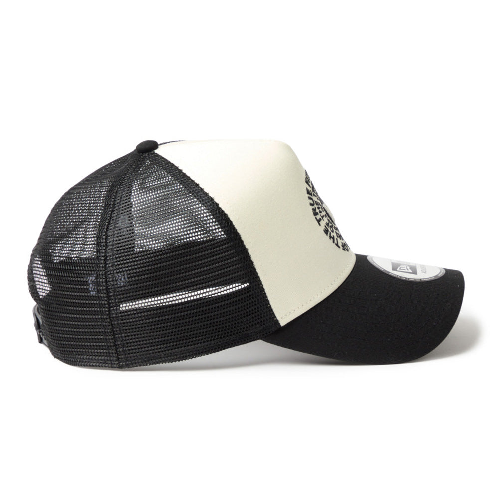 new era circle originators of the true fitted white black 9forty a frame trucker cap cap with mesh back on other side angle
