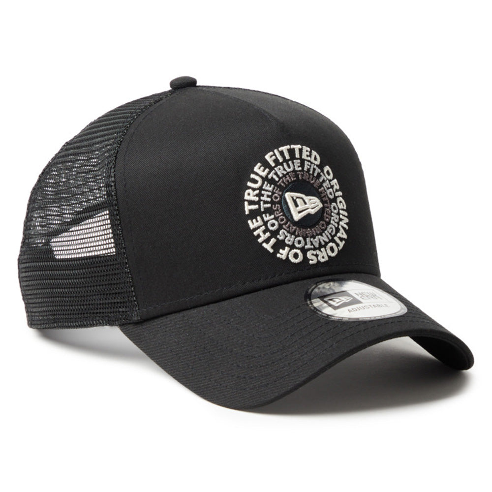 new era circle originators of the true fitted black 9forty a frame trucker cap logo and print