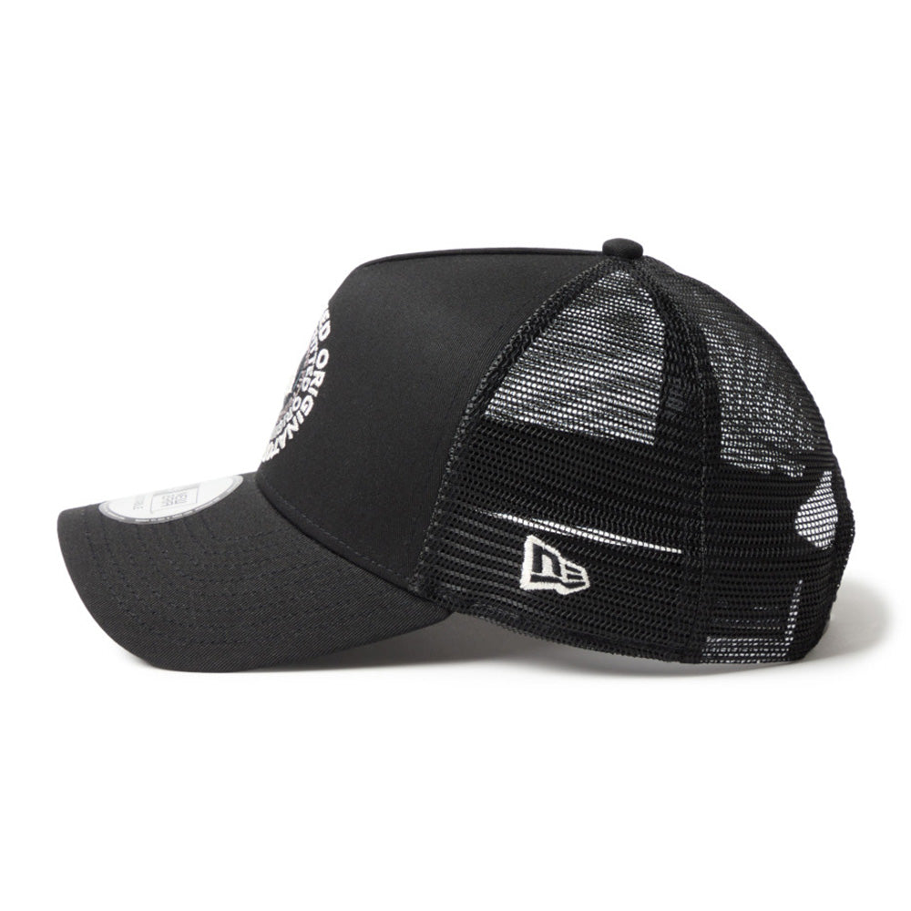 new era circle originators of the true fitted black 9forty a frame trucker cap side