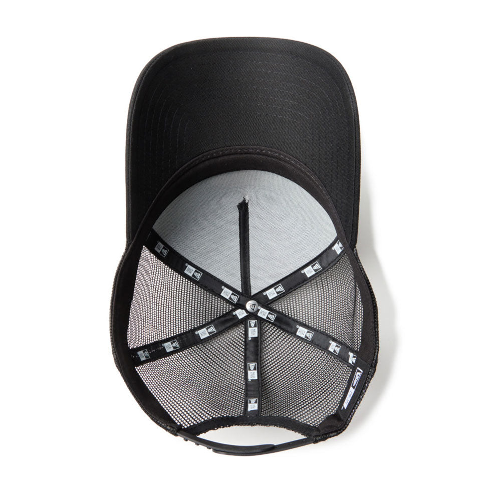 new era circle originators of the true fitted black 9forty a frame trucker cap detail and color