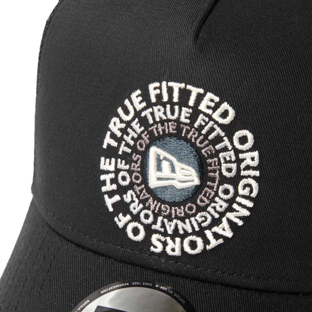 new era circle originators of the true fitted black 9forty a frame trucker cap with 'True Fitted' branding on a white background