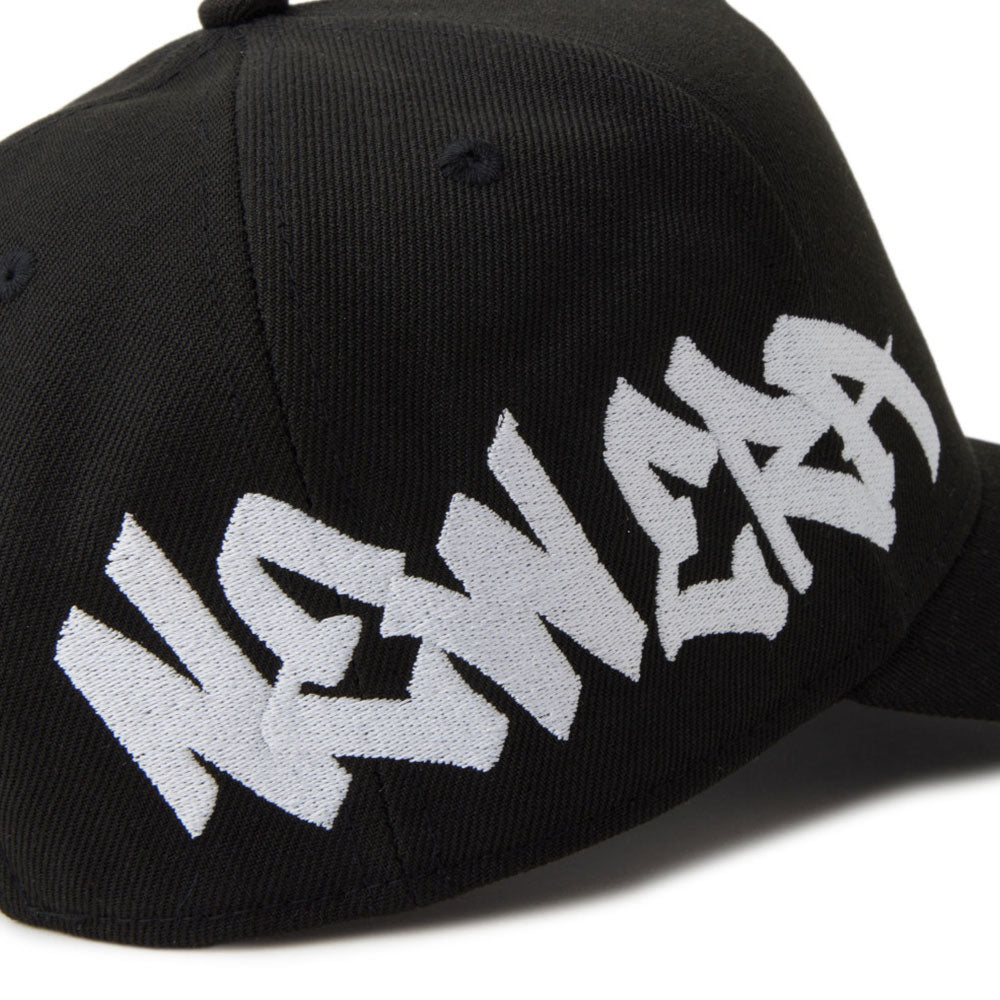 new era wordmark tagging essential black 9forty a frame adjustable cap close-up view