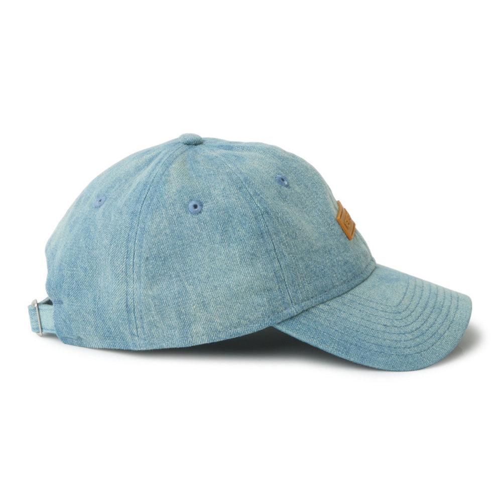 new era 1920 patch washed denim 9twenty adjustable cap close-up side view with embroidered stitch design