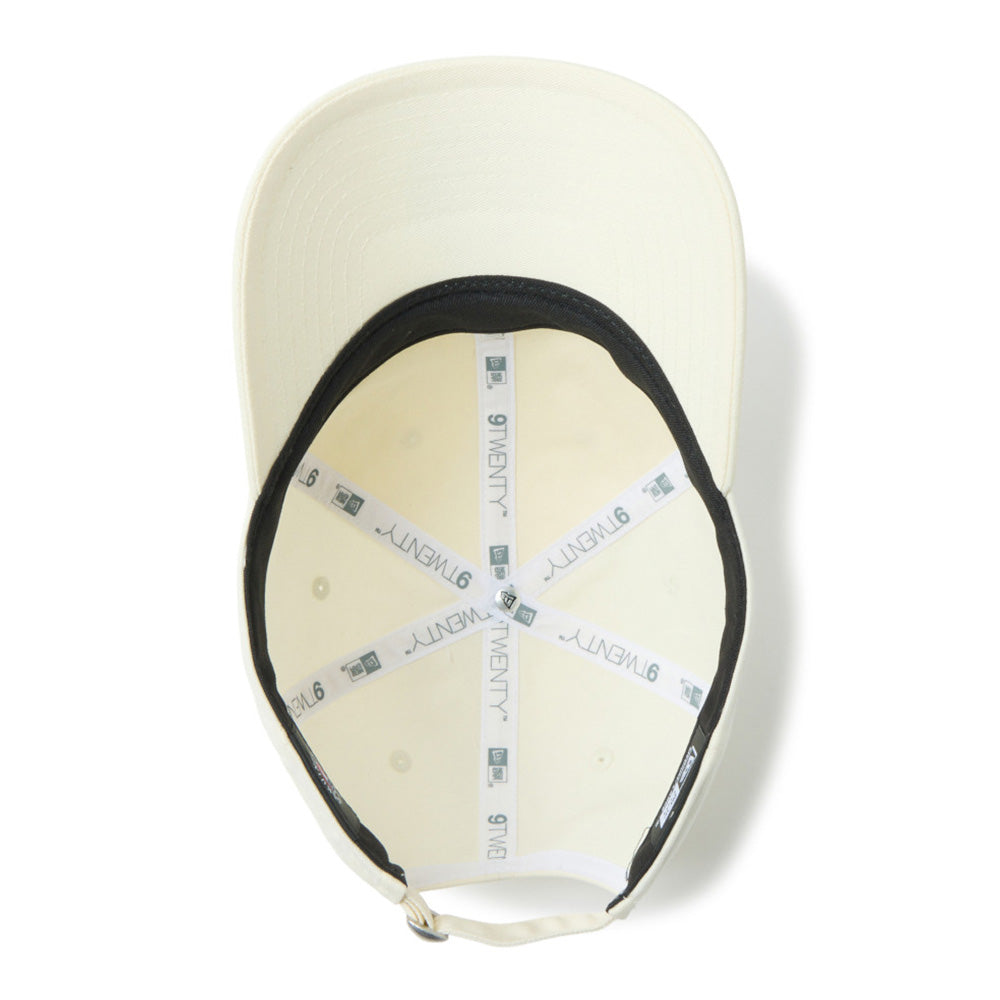 new era script mini metal logo cream 9twenty adjustable cap detail and color