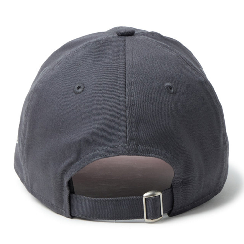 Rear view of a dark gray baseball cap with an adjustable strap and silver metal buckle, shown on a white background.