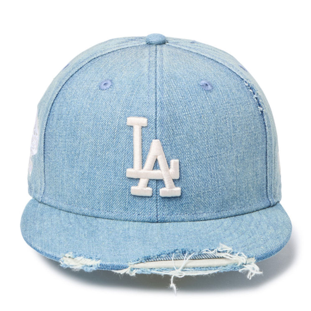 new era los angeles dodgers damaged washed denim 59fifty fitted cap logo and print