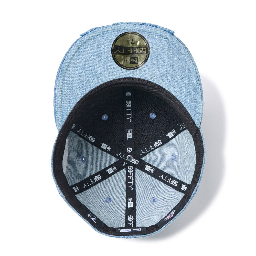 new era los angeles dodgers damaged washed denim 59fifty fitted cap detail and color