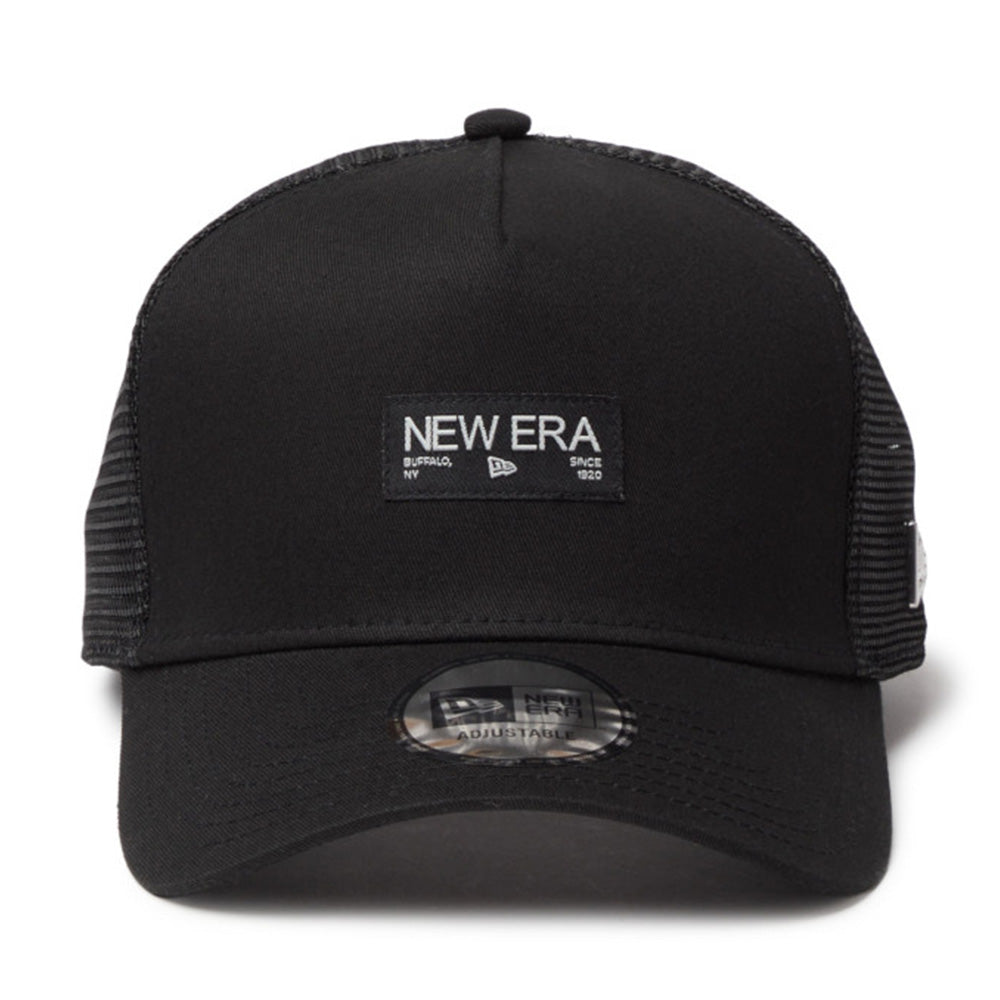 new era silver wordmark metal flag black 9forty a frame trucker snapback cap logo and print