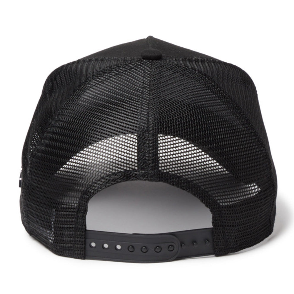 new era silver wordmark metal flag black 9forty a frame trucker snapback cap detail and color