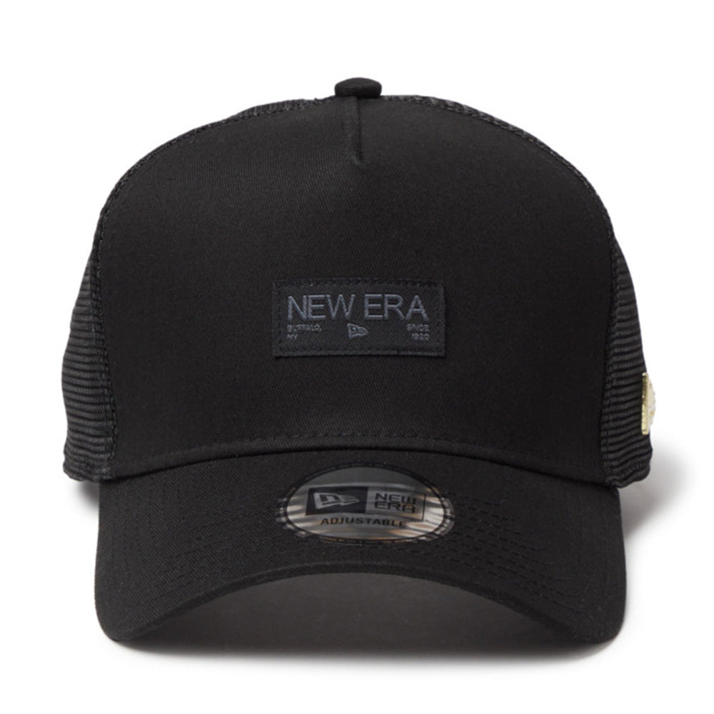 new era black wordmark metal flag black 9forty a frame trucker snapback cap logo and print