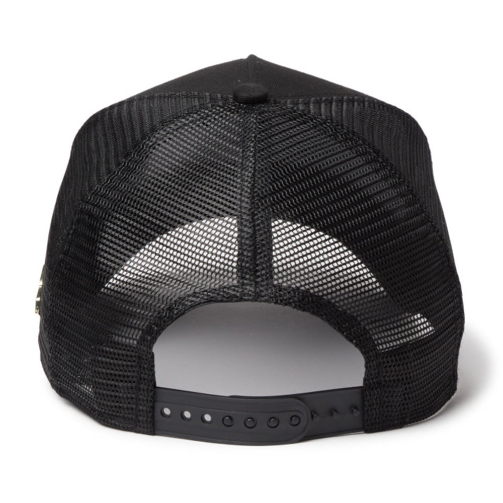 new era black wordmark metal flag black 9forty a frame trucker snapback cap detail and color