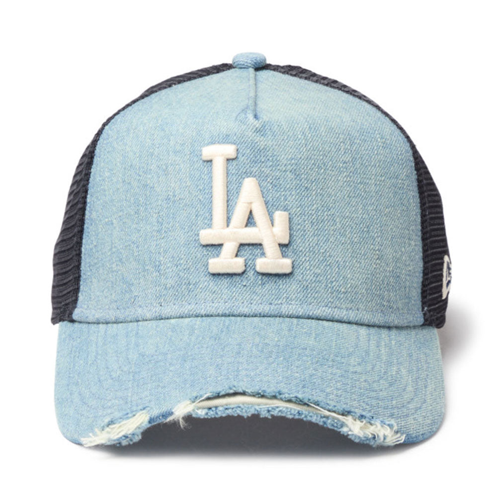 new era los angeles dodgers damaged cap washed denim 9forty a frame trucker cap opposite