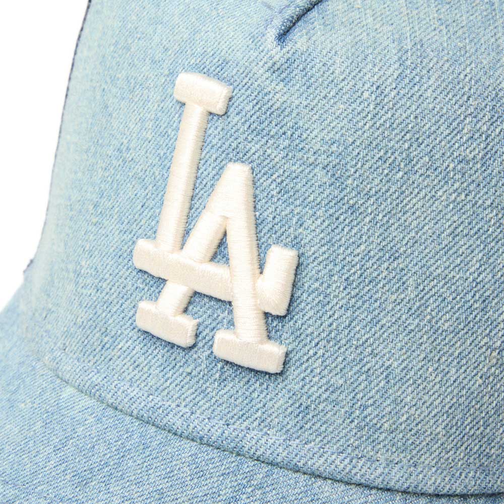new era los angeles dodgers damaged cap washed denim 9forty a frame trucker cap side