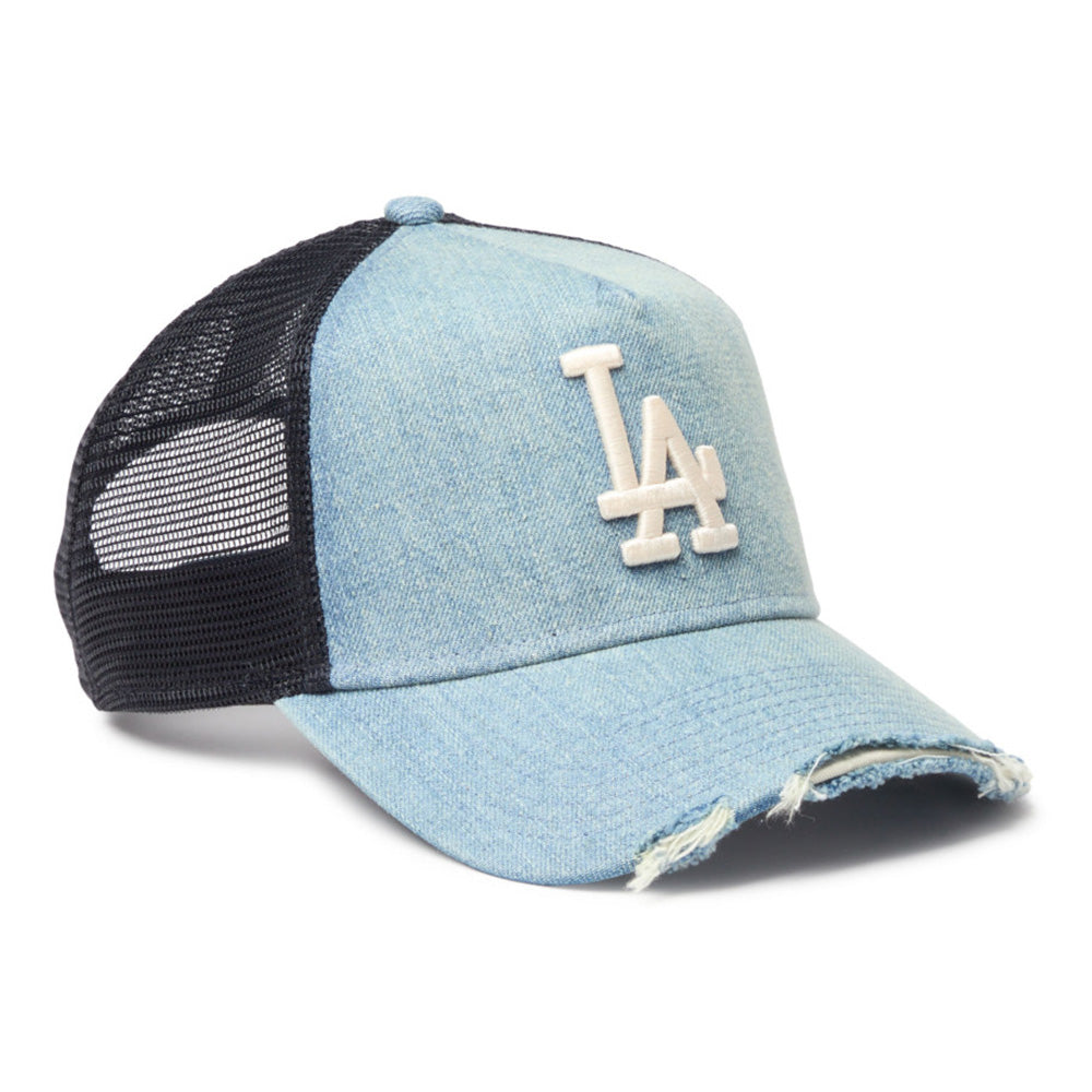New Era Los Angeles Dodgers Damaged Cap Washed Denim 9FORTY A-Frame Trucker Cap