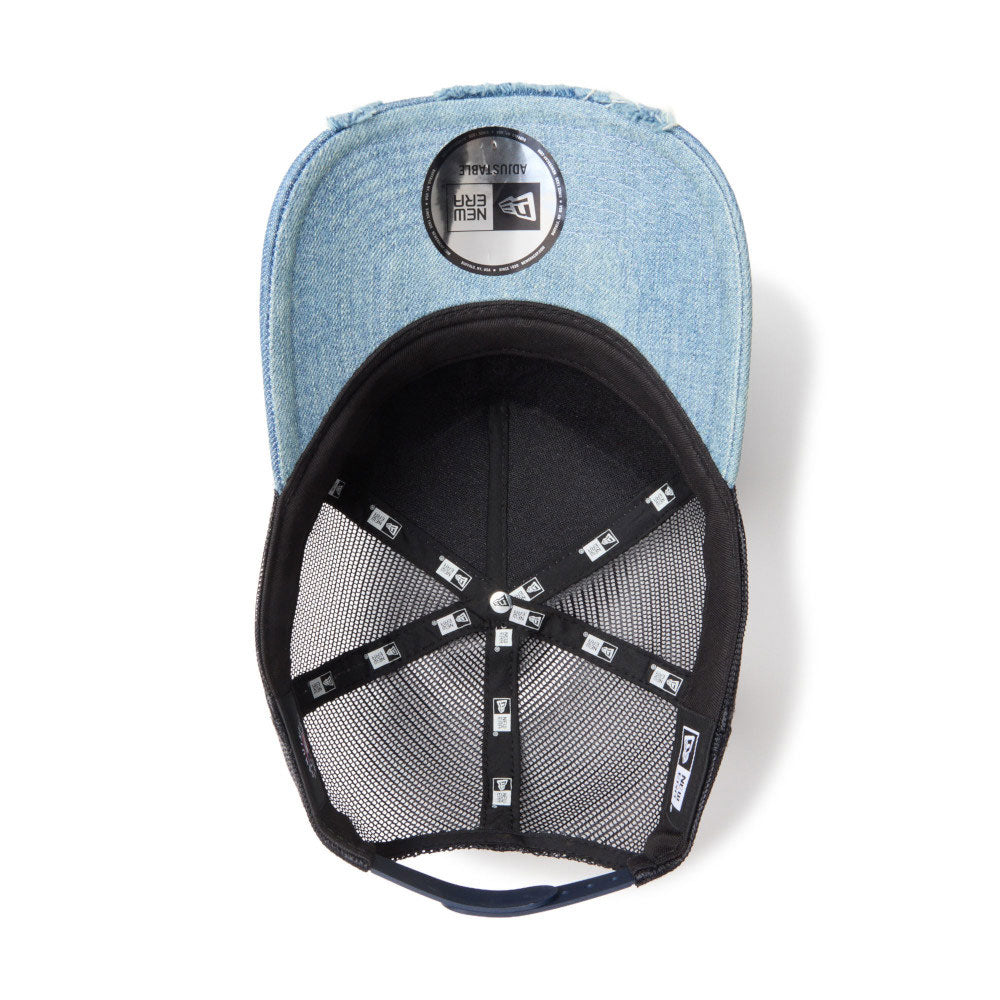 new era los angeles dodgers damaged cap washed denim 9forty a frame trucker cap detail and color