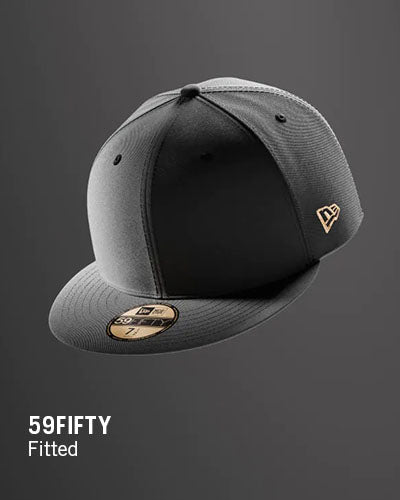 Black and gray New Era 59FIFTY fitted cap on a dark background
