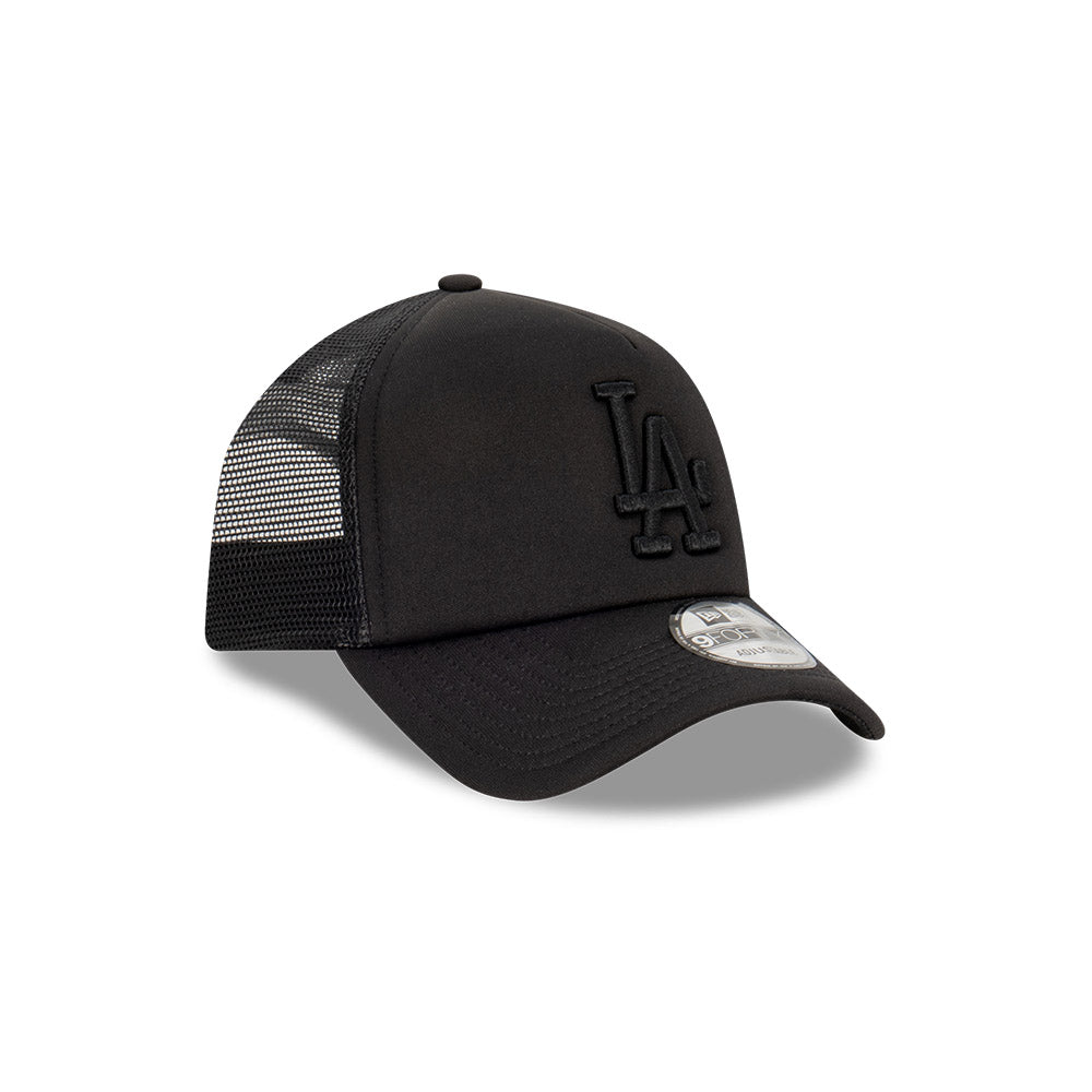 Black trucker cap with Los Angeles Dodgers logo on a white background