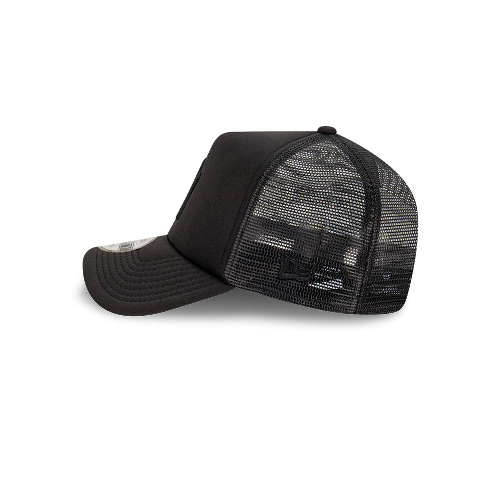 Black trucker cap with mesh back on a white background