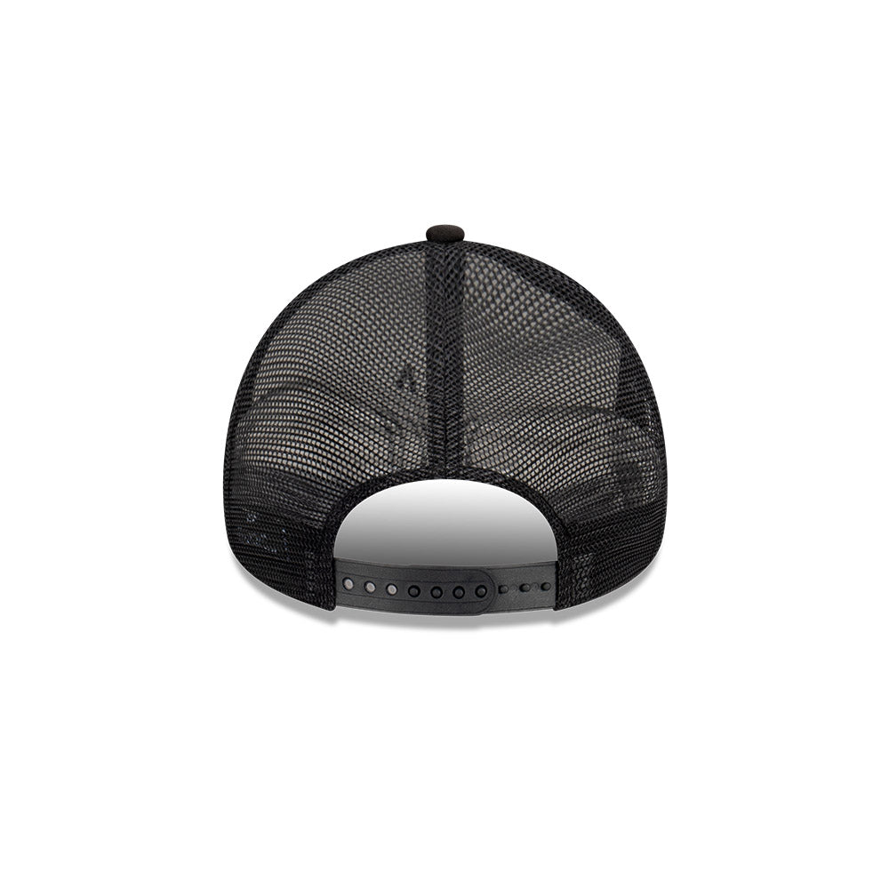 Black mesh trucker hat shown from the back on a clean white background.