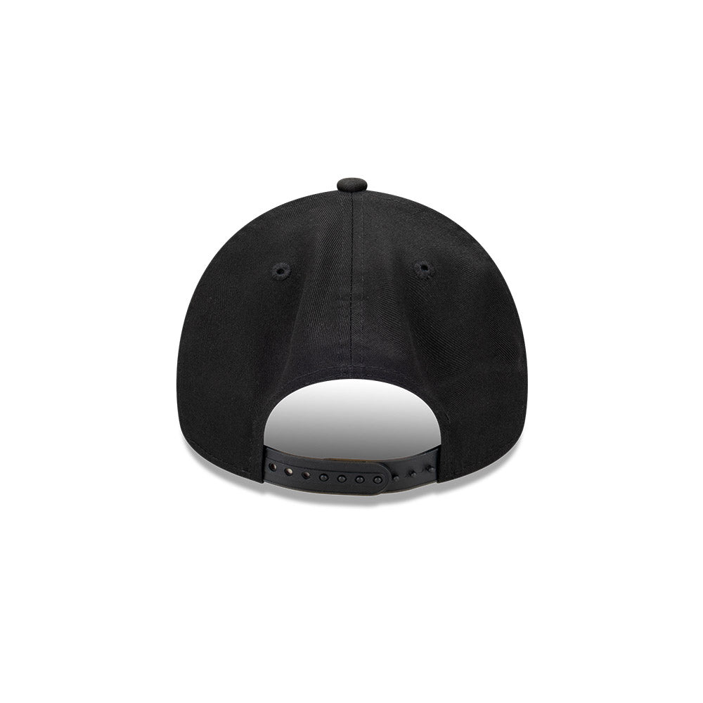 The back view of a black snapback cap on a solid white background.
