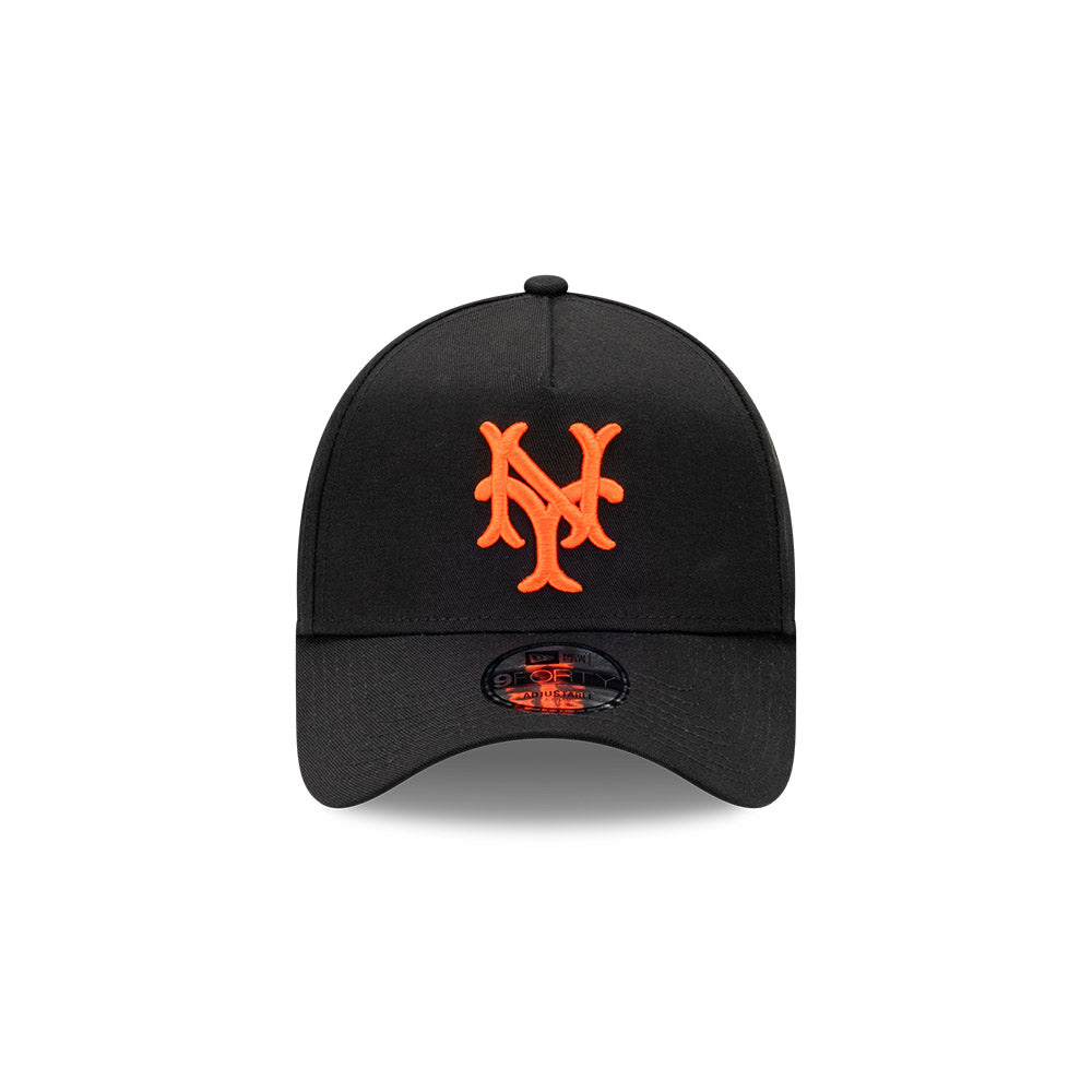 Black cap with orange logo on a white background