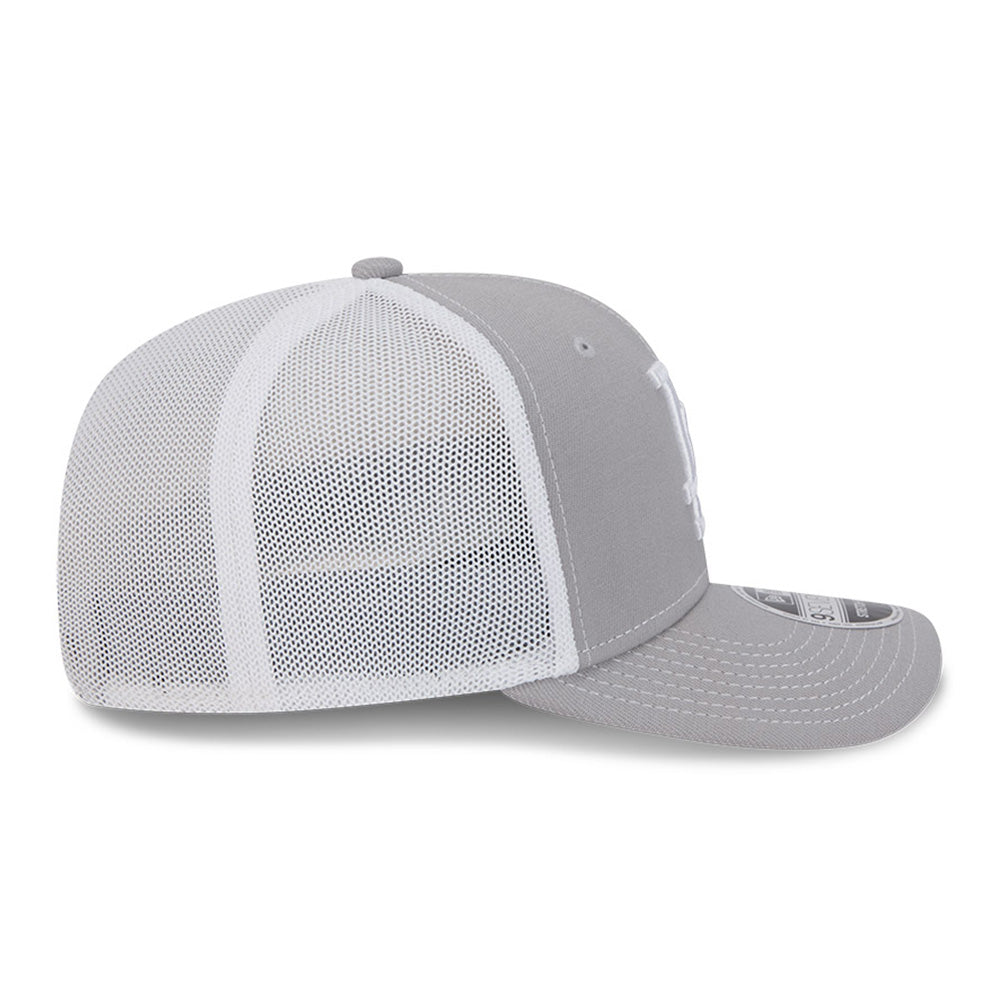 new era los angeles dodgers contrast grey white 9seventy stretch snapback trucker cap opposite side or other angle view
