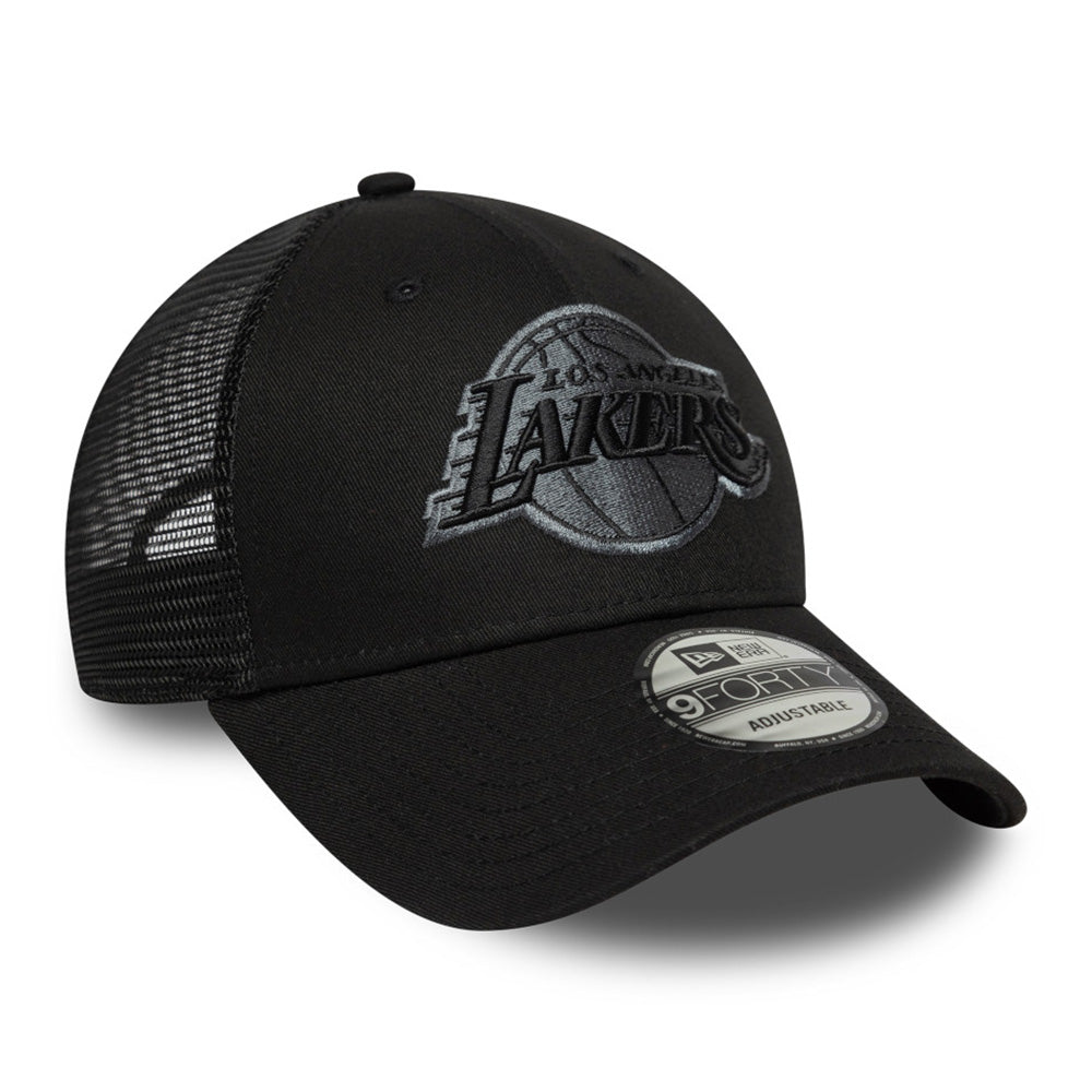new era los angeles lakers black 9forty trucker snapback cap detail and color